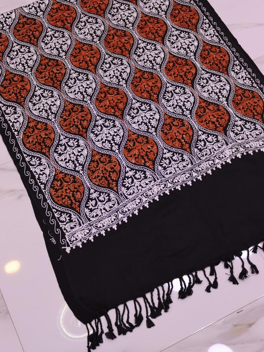 Handmade Jamwar Shawl - Black, White & Orange Z4