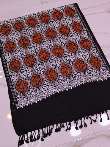 Handmade Jamwar Shawl - Black, White & Orange Z4