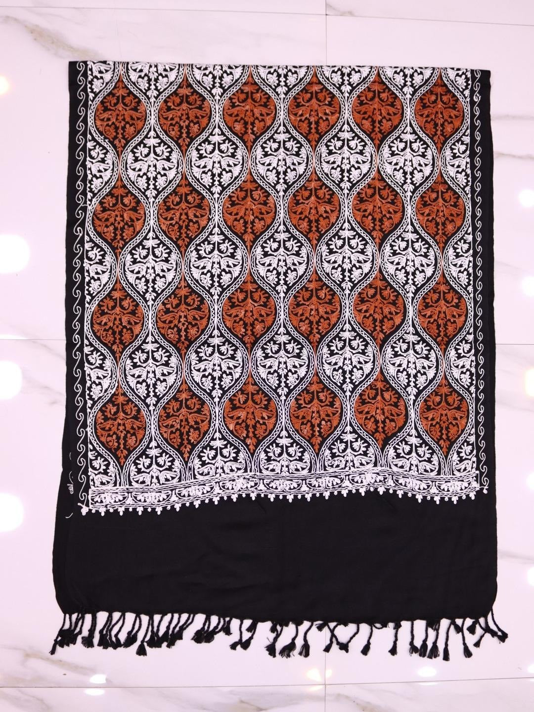 Handmade Jamwar Shawl - Black, White & Orange Z4