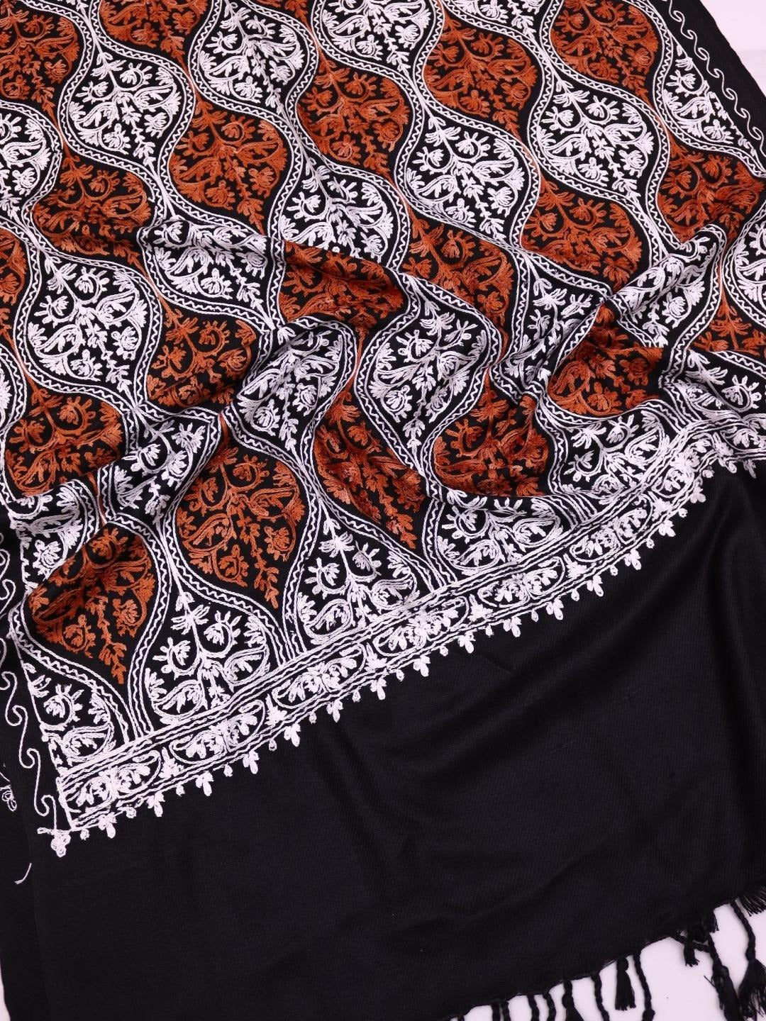 Handmade Jamwar Shawl - Black, White & Orange Z4