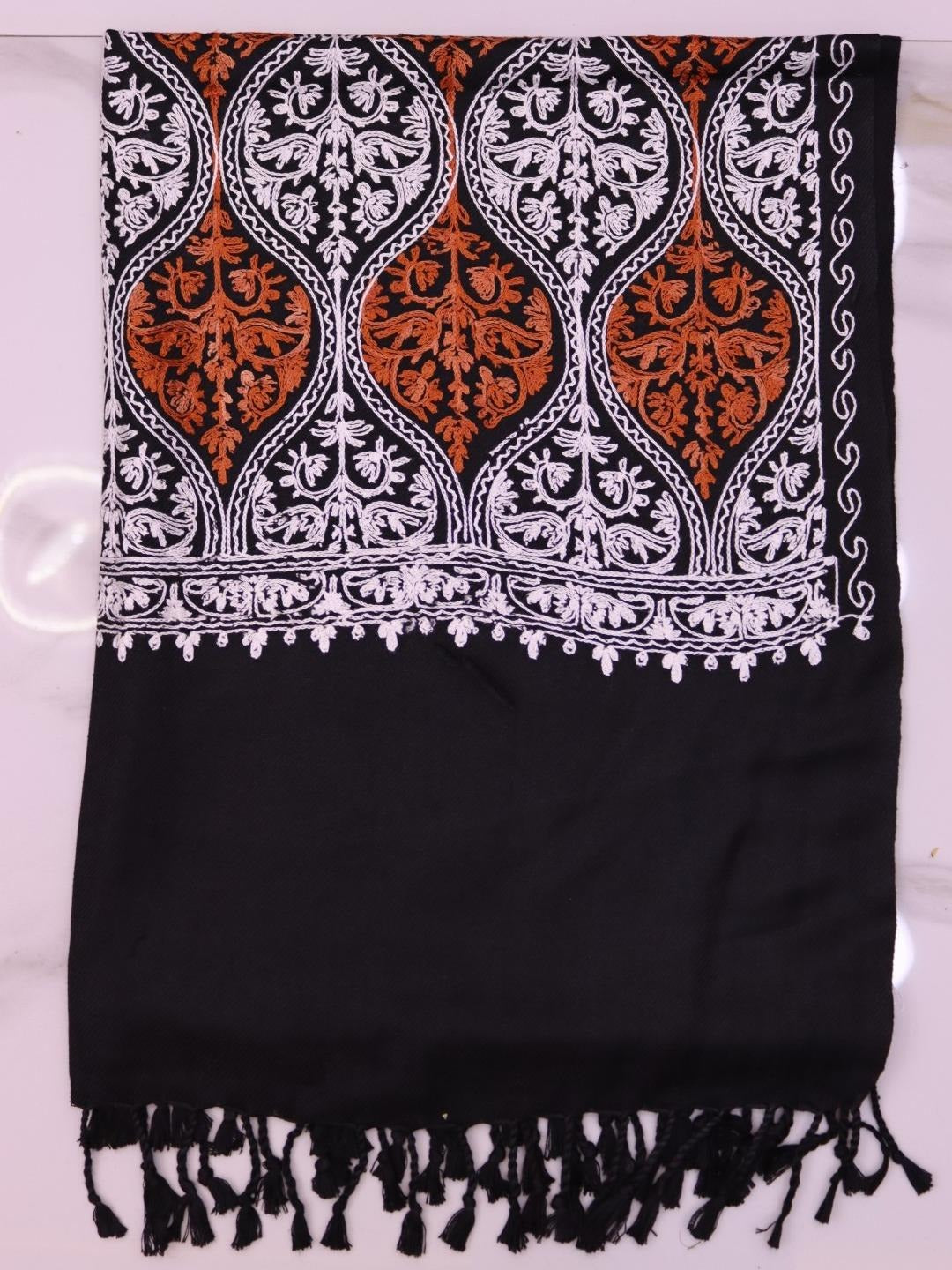 Handmade Jamwar Shawl - Black, White & Orange Z4