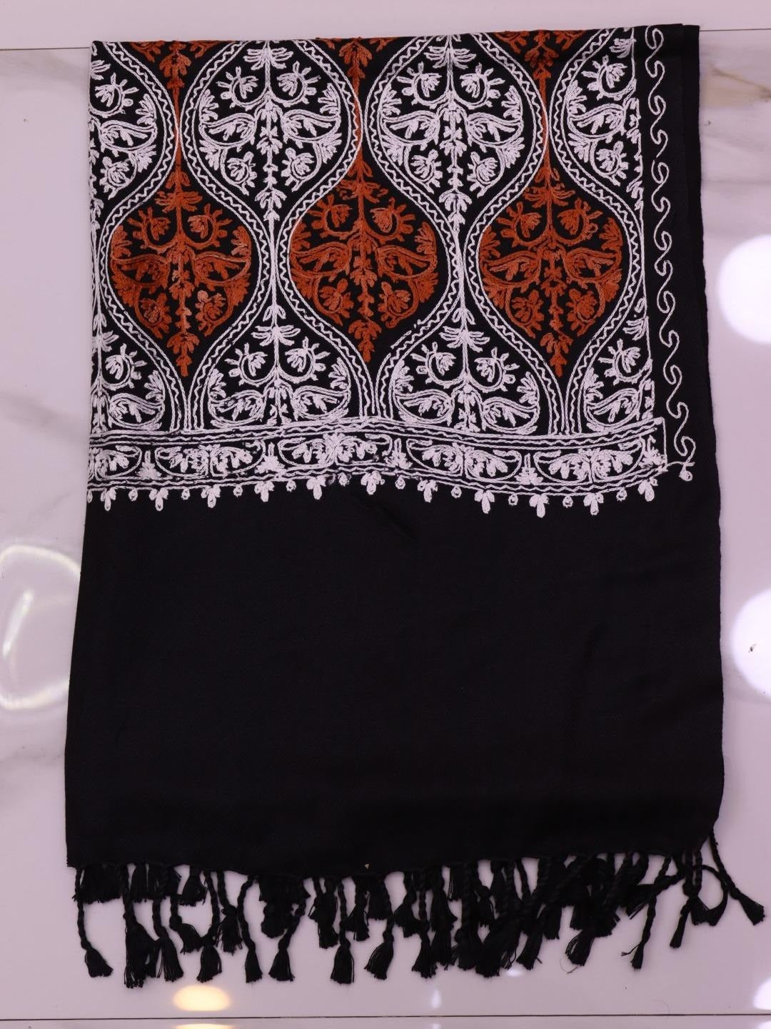 Handmade Jamwar Shawl - Black, White & Orange Z4