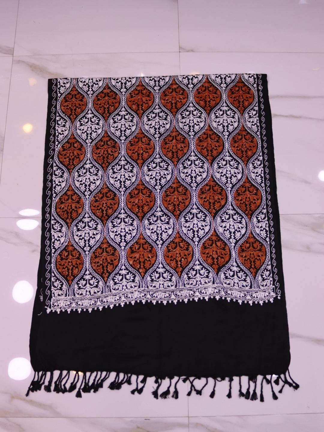 Handmade Jamwar Shawl - Black, White & Orange Z4