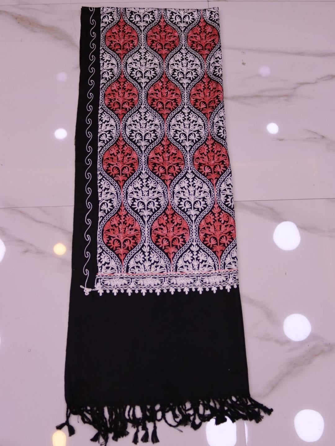 Handmade Jamwar Shawl - Black, White & Red Z5