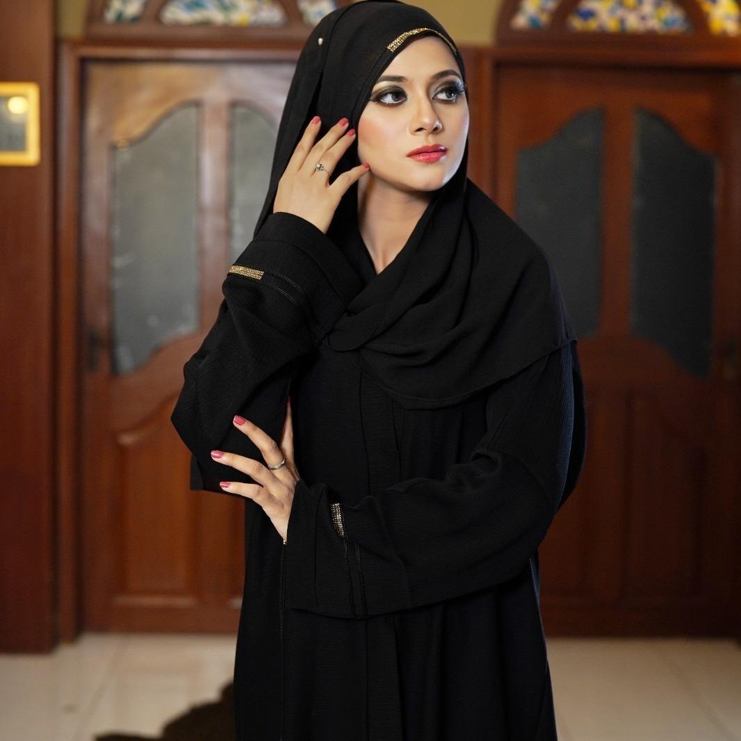Muslim Abaya Black with Gold Lace Work Arabic Style Premium Quality