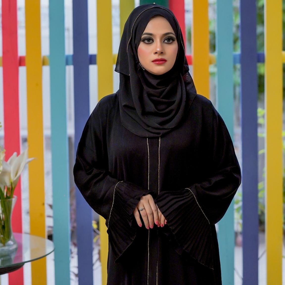 Muslim Abaya Black with Gold Lace Work Feather Sleeves Black 1
