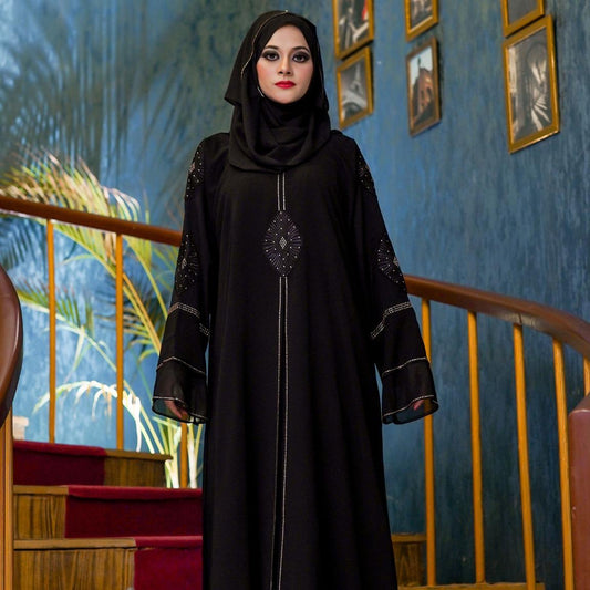 Muslim Abaya Black with Gold Stylish Lace Work on Sleeves with Front Style - "Black 3"