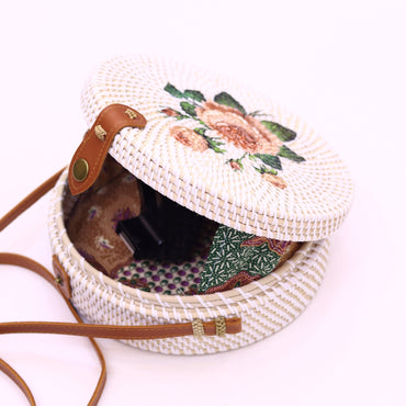 Hand woven Round Rattan Bag Shoulder Leather Straps Natural Chic RB-01