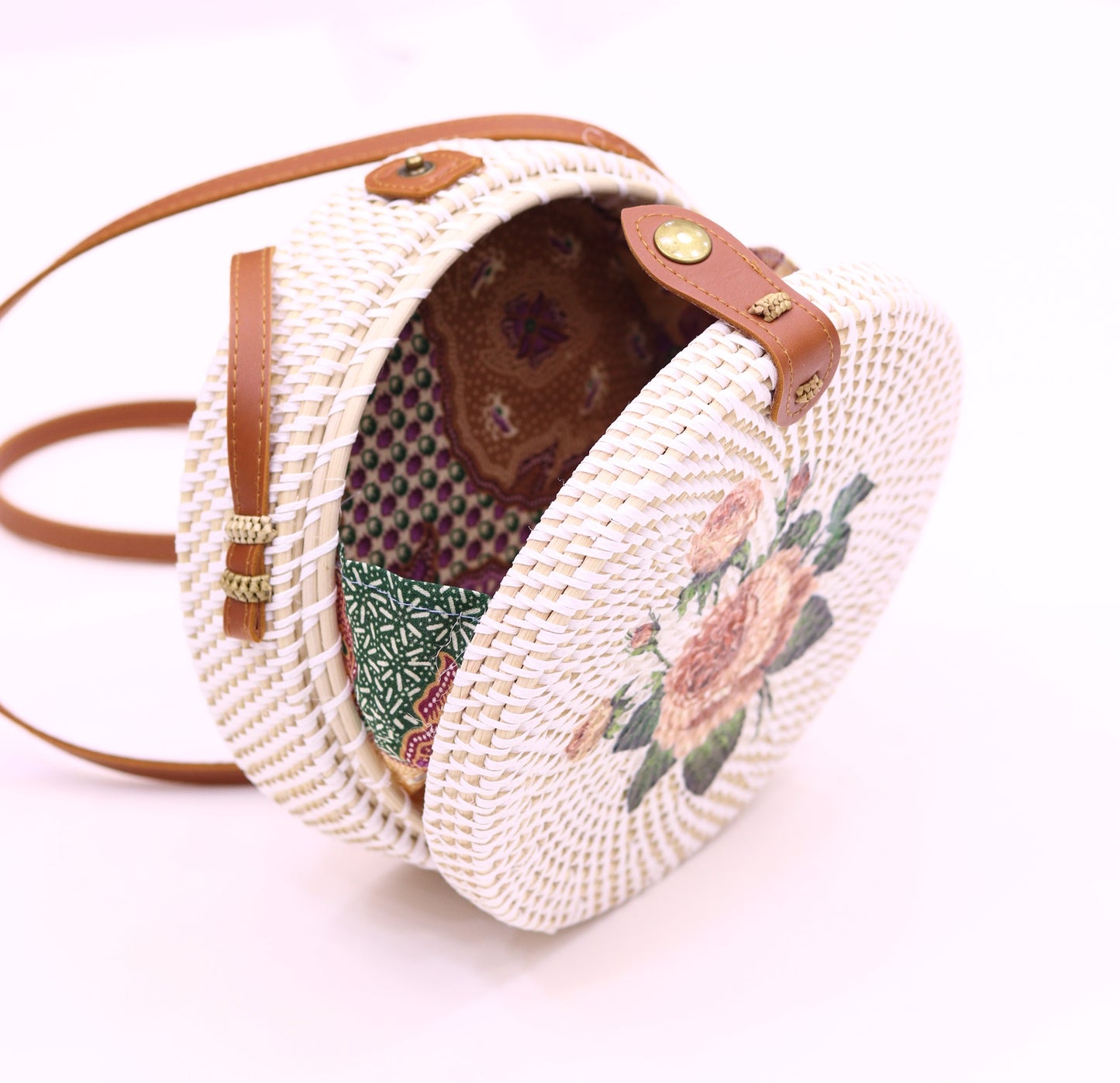 Hand woven Round Rattan Bag Shoulder Leather Straps Natural Chic RB-01