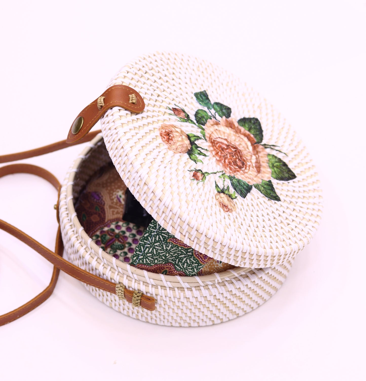 Hand woven Round Rattan Bag Shoulder Leather Straps Natural Chic RB-01