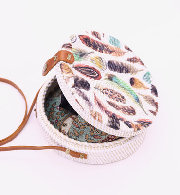 Handwoven Round Rattan Bag Shoulder Leather Straps Natural Chic Hand RB-02