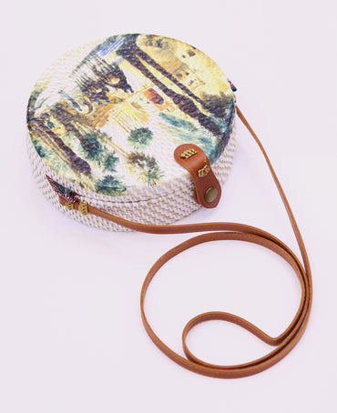 Round Rattan Bag For Women Handwoven Shoulder Leather Straps Natural Chic Hand RB-04
