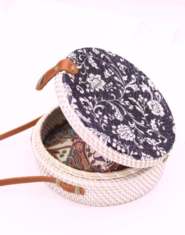 Handwoven Round Rattan Bag For Women Shoulder Leather Straps Natural Chic Hand RB-05