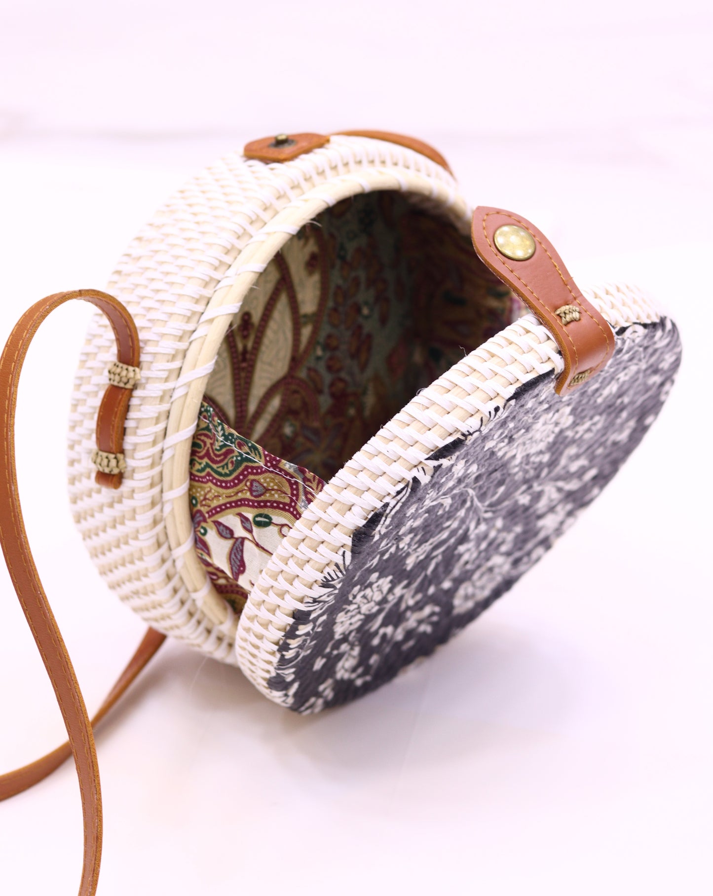 Handwoven Round Rattan Bag For Women Shoulder Leather Straps Natural Chic Hand RB-05