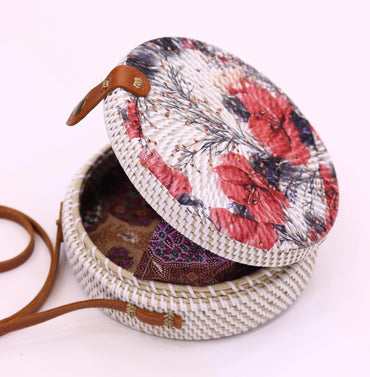 Unique Handwoven Round Rattan Bag Shoulder Leather Straps Natural Chic Hand RB-06