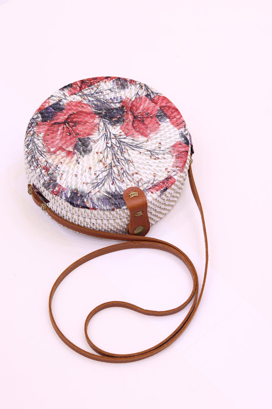 Unique Handwoven Round Rattan Bag Shoulder Leather Straps Natural Chic Hand RB-06