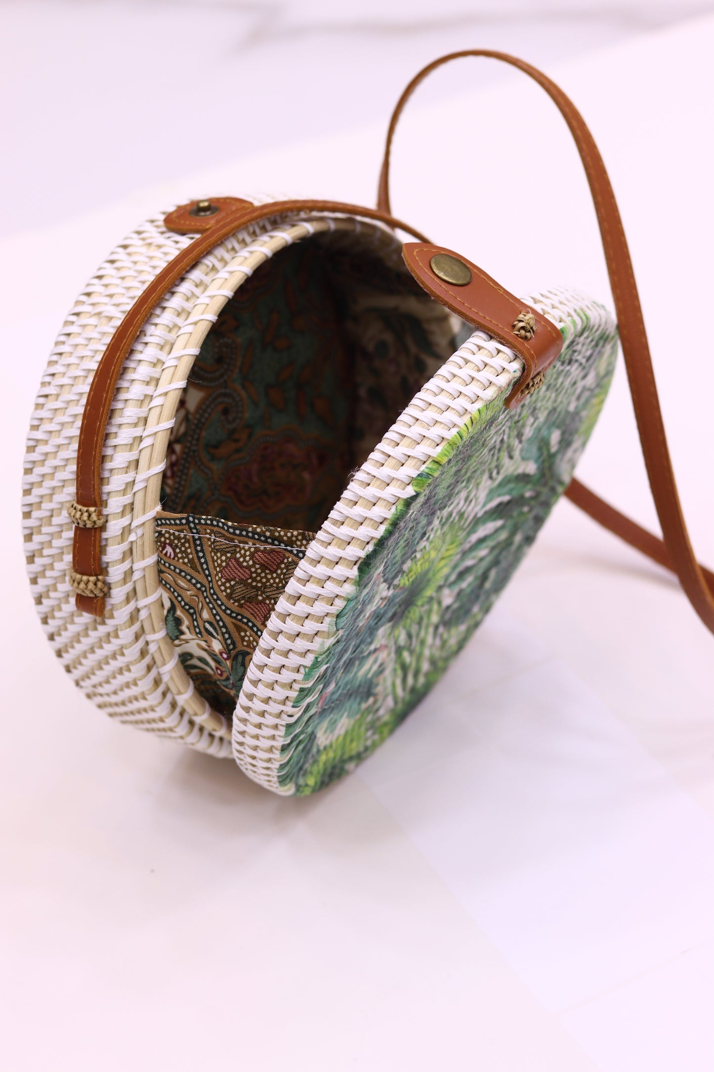 Handwoven Round Rattan Bag with Tropical Print Shoulder Leather Straps Natural Chic Hand RB-07
