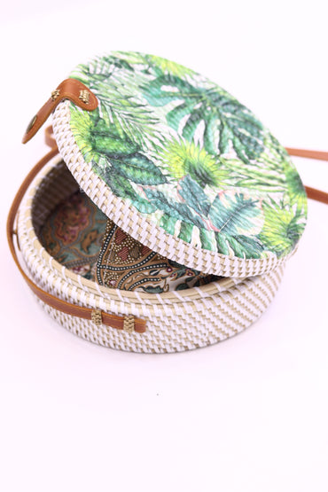 Handwoven Round Rattan Bag with Tropical Print Shoulder Leather Straps Natural Chic Hand RB-07