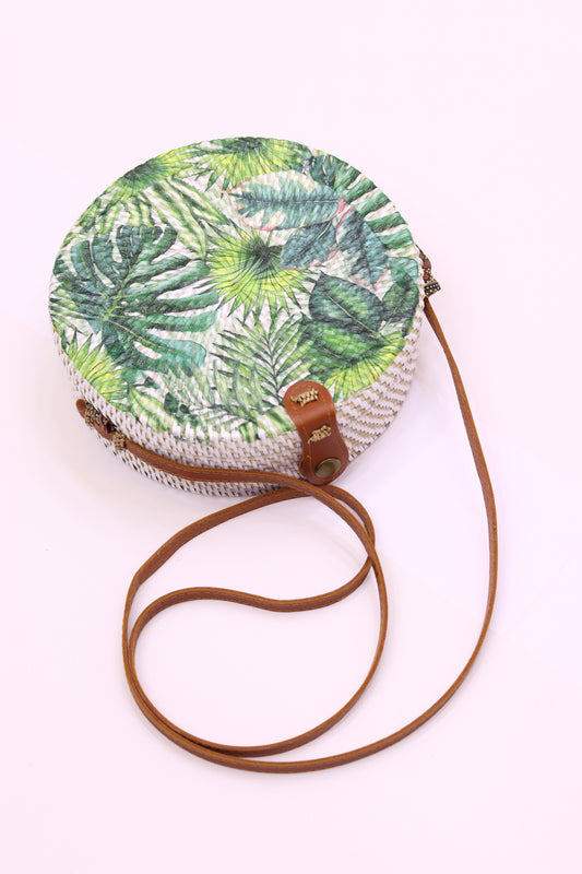 Handwoven Round Rattan Bag with Tropical Print Shoulder Leather Straps Natural Chic Hand RB-07