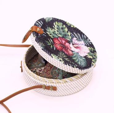Handwoven Round Rattan Bag Shoulder Leather Straps Natural Chic Hand RB-08