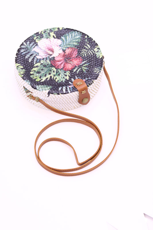 Handwoven Round Rattan Bag Shoulder Leather Straps Natural Chic Hand RB-08