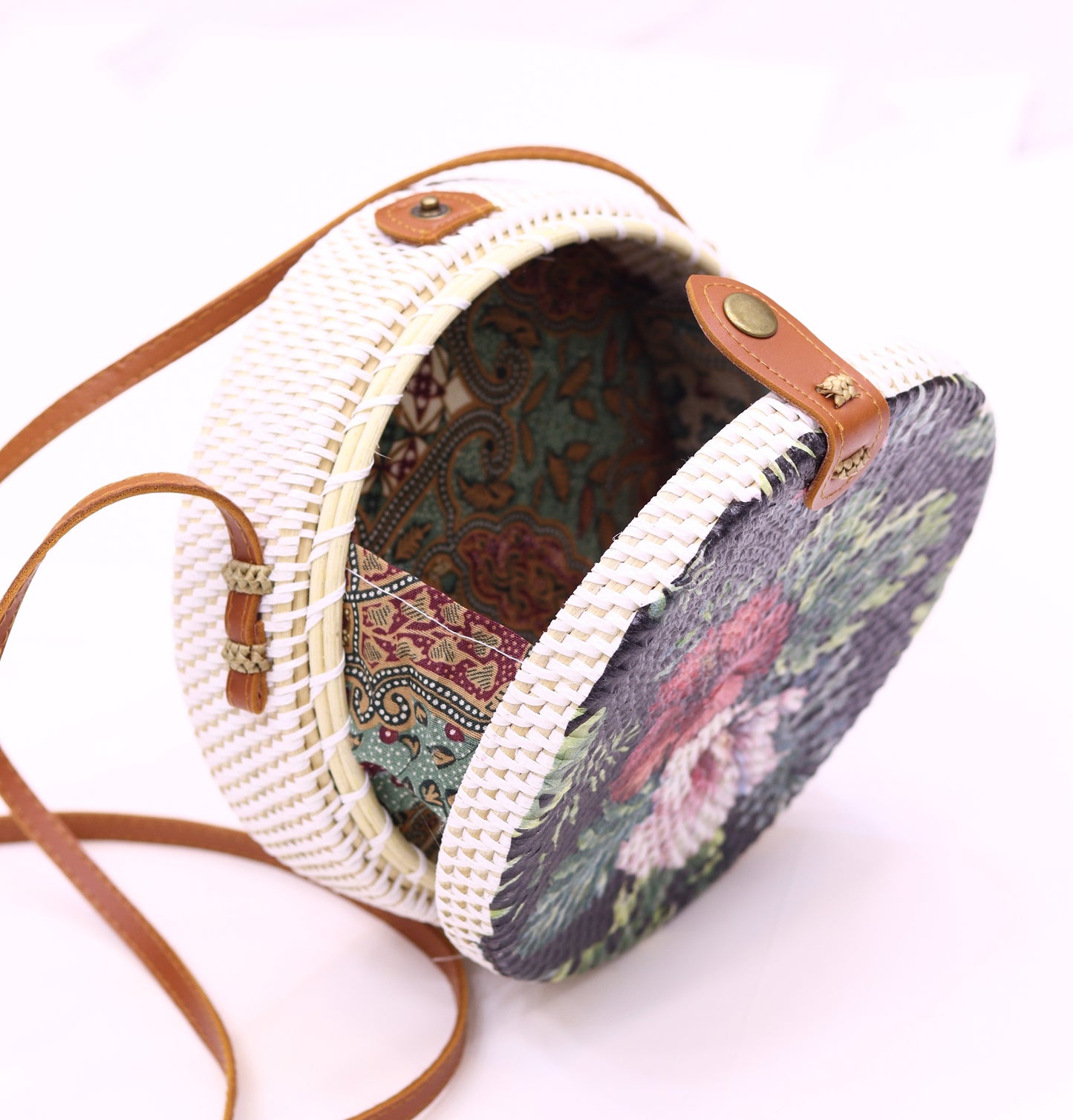 Handwoven Round Rattan Bag Shoulder Leather Straps Natural Chic Hand RB-08