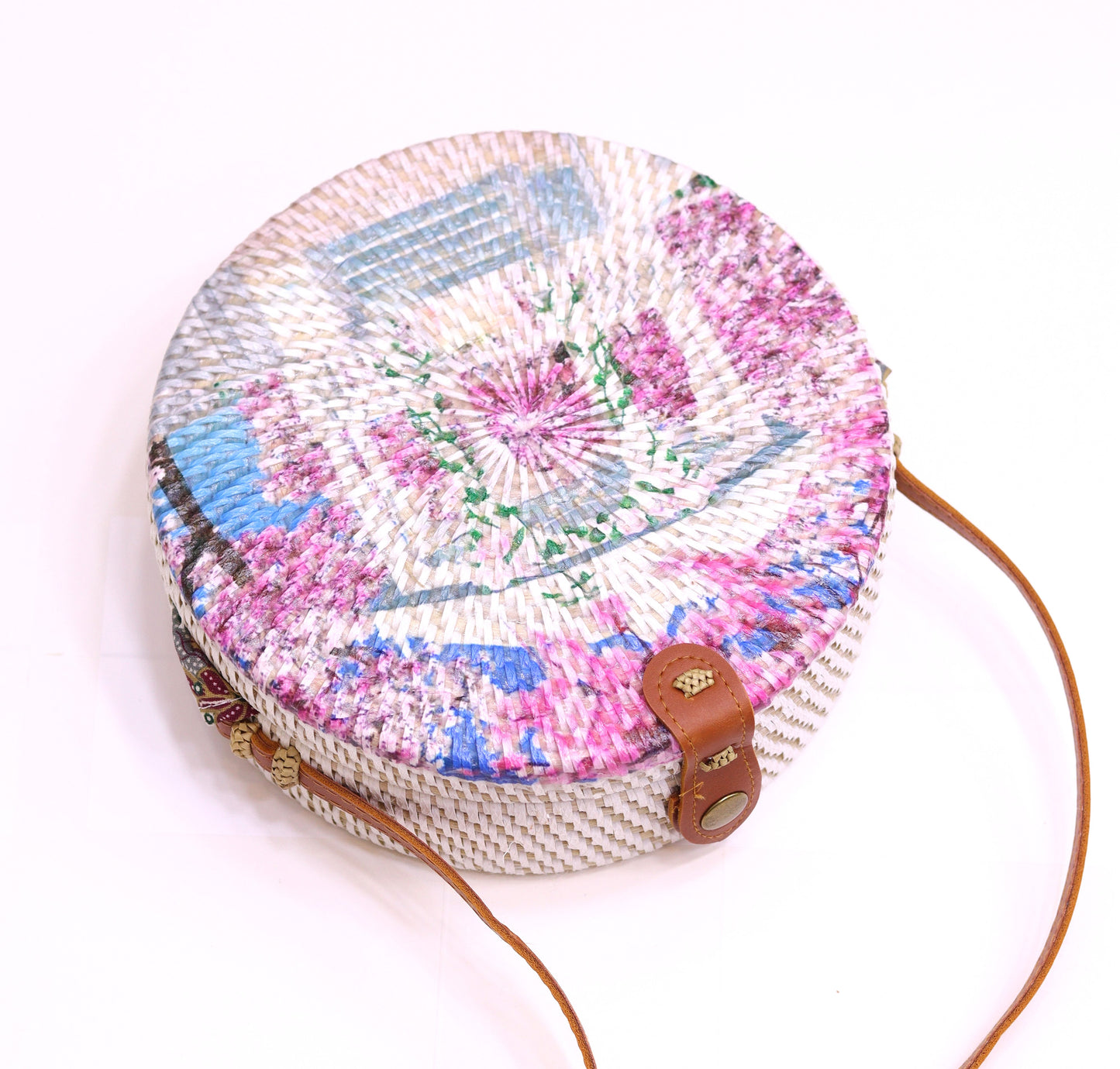 Beautiful Handwoven Round Rattan Bag For Women Shoulder Leather Straps Natural Chic RB-09