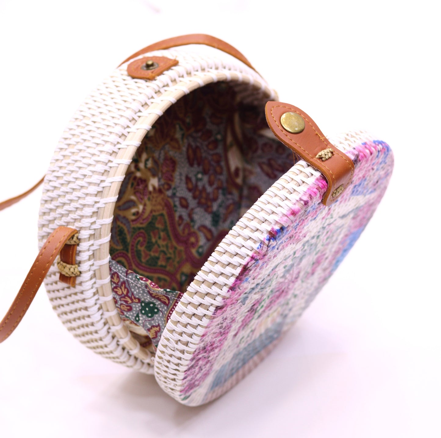 Beautiful Handwoven Round Rattan Bag For Women Shoulder Leather Straps Natural Chic RB-09