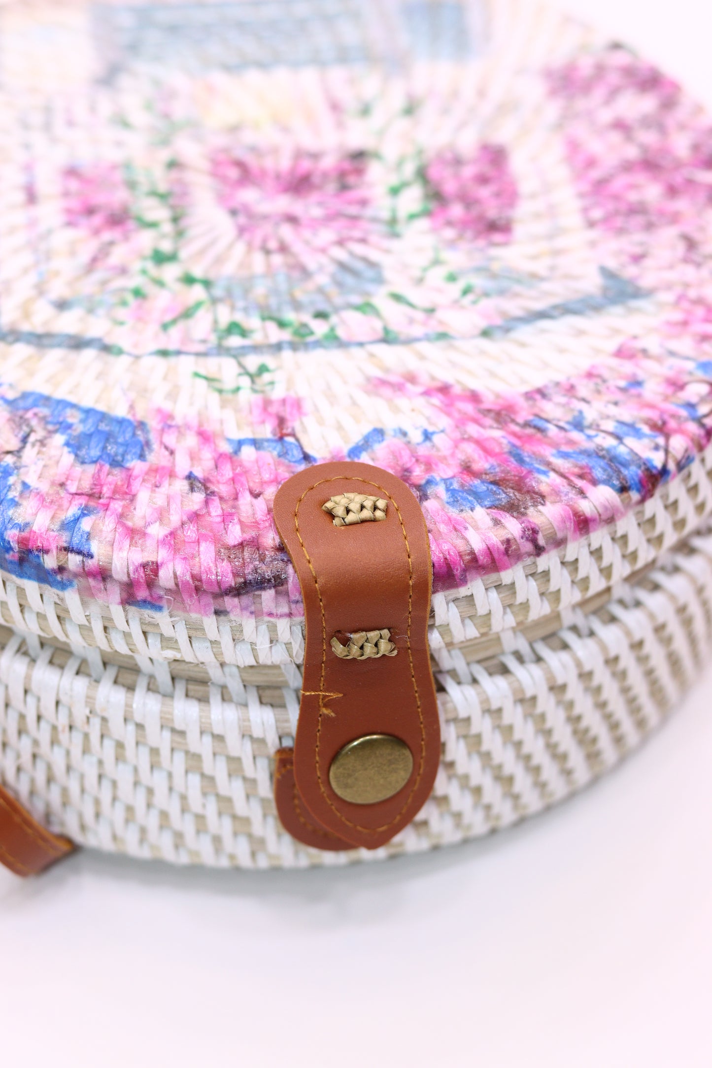 Beautiful Handwoven Round Rattan Bag For Women Shoulder Leather Straps Natural Chic RB-09