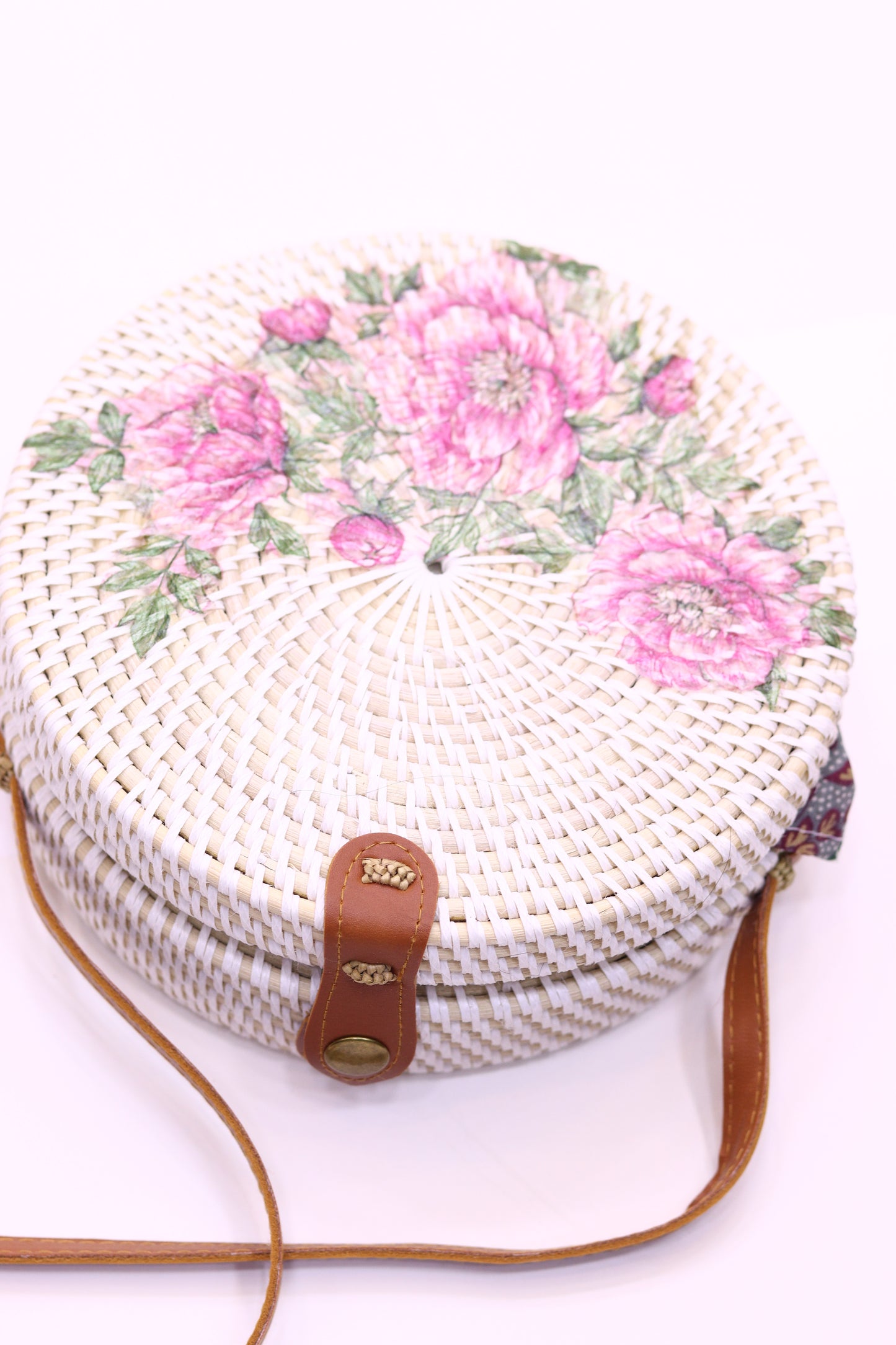 Unique Handwoven Round Rattan Bag Shoulder Leather Straps Natural Chic Hand RB-13