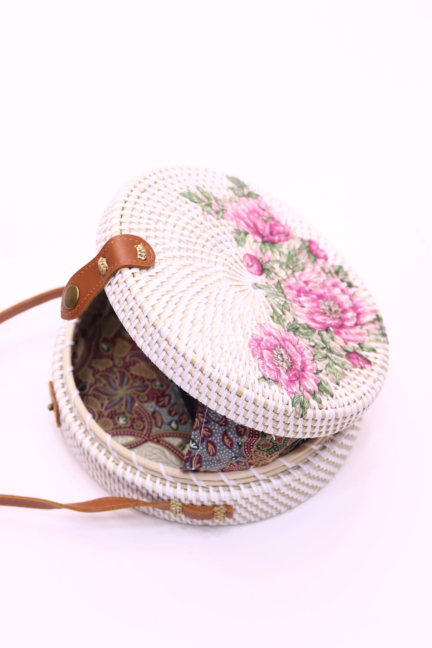Unique Handwoven Round Rattan Bag Shoulder Leather Straps Natural Chic Hand RB-13