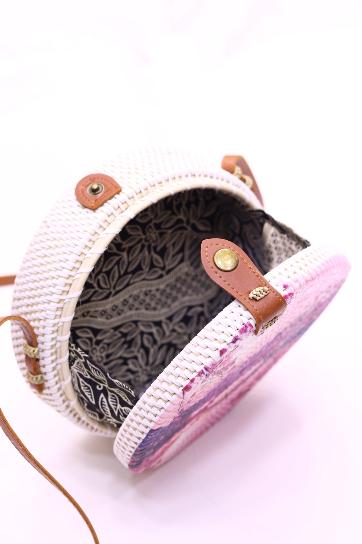 Handwoven Round Rattan Bag Shoulder Leather Straps Natural Chic Hand RB-14
