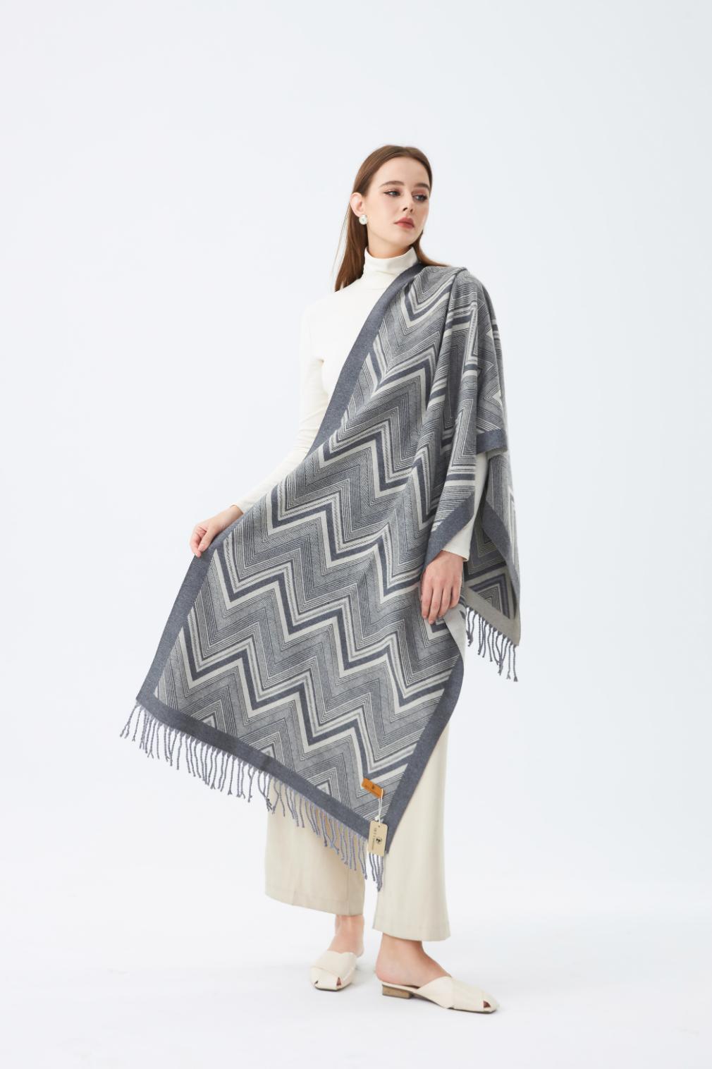 Elegant Chevron Patterned Wool Stole with Fringed Edge