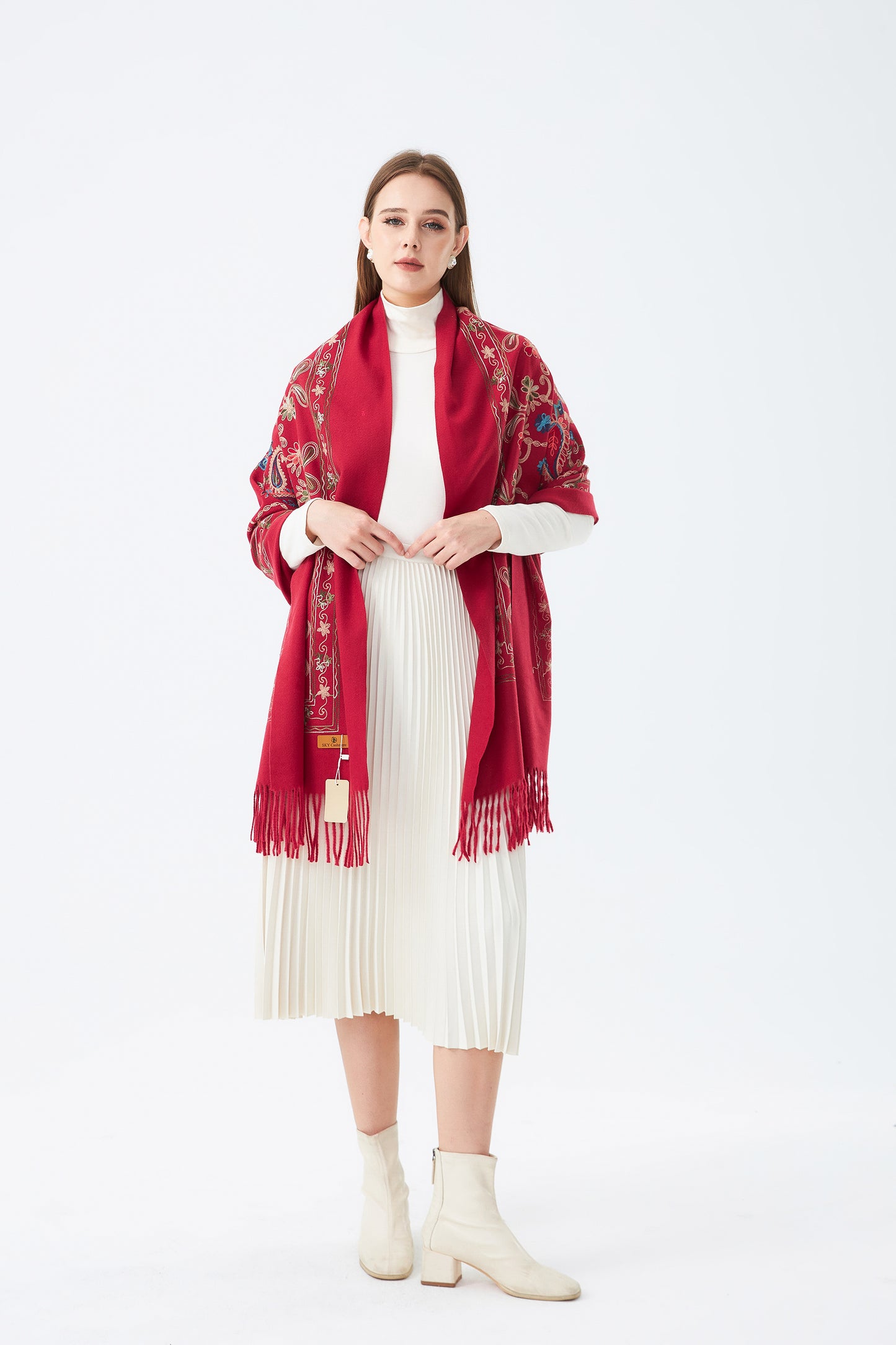Wool Embroidered Scarf with Tassels SC-05