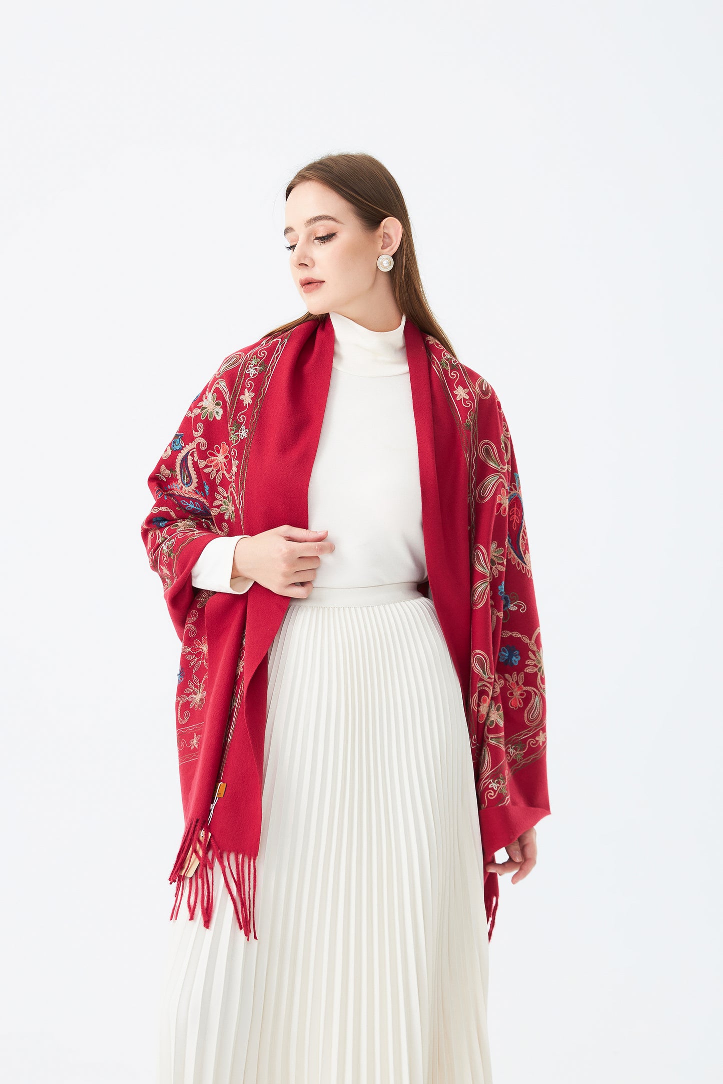 Wool Embroidered Scarf with Tassels SC-05