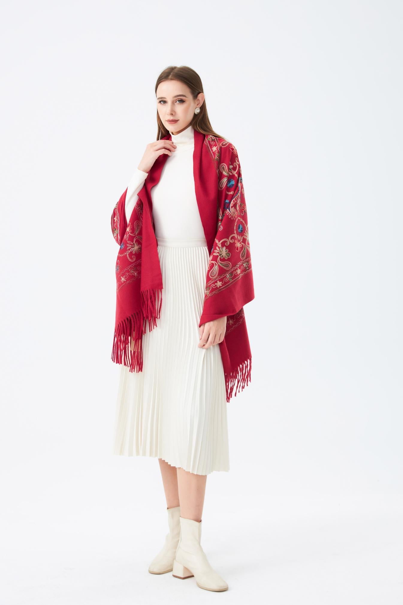 Wool Embroidered Scarf with Tassels SC-05