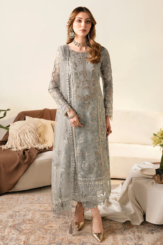 Organza Suit Set with Embroidered Work Grey