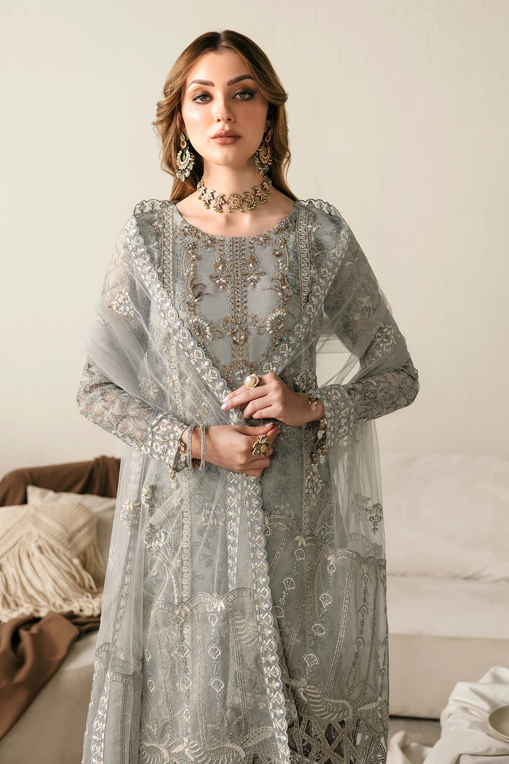 Organza Suit Set with Embroidered Work Grey