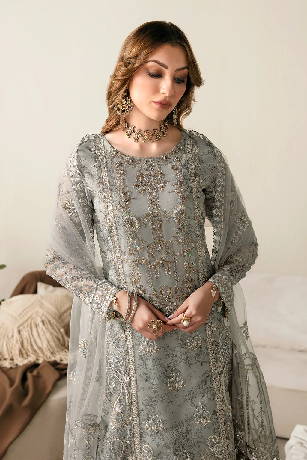 Organza Suit Set with Embroidered Work Grey