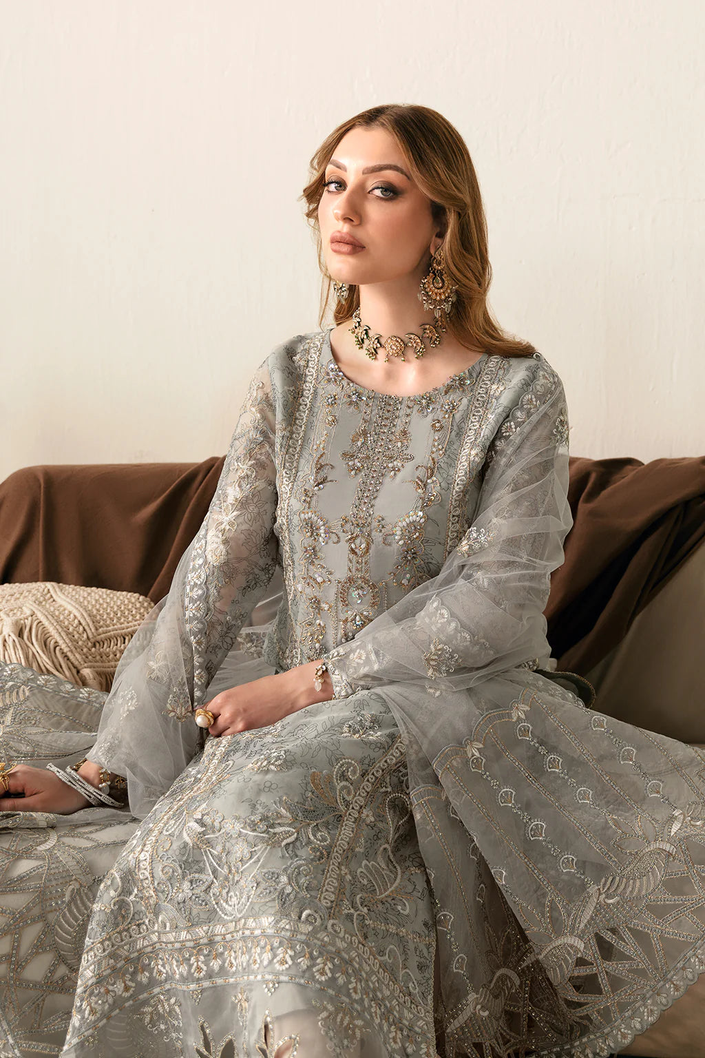 Organza Suit Set with Embroidered Work Grey