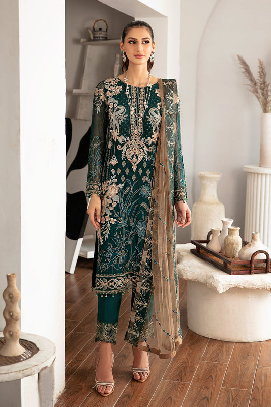 Luxury Chiffon 3Pc Suit Set Teal Green D-1101