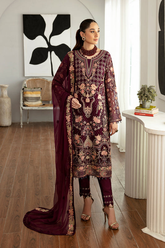 Luxury Chiffon 3Pc Suit Set Wine D-1104