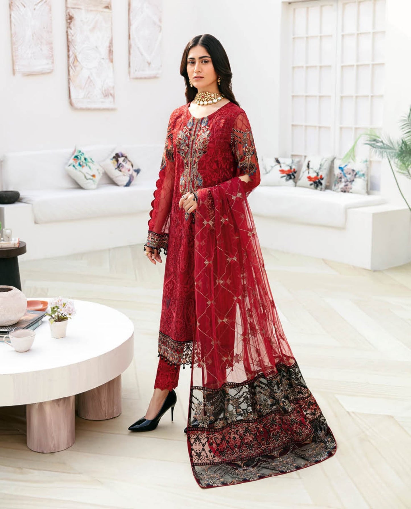 Red Embroidered Georgette Pakistani Suit A-803