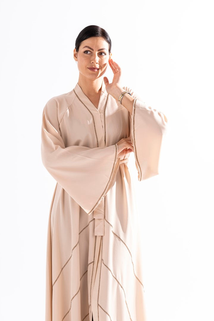 Angled Pleated Abaya with Champagne Diamondize by Sky Cashmere D4