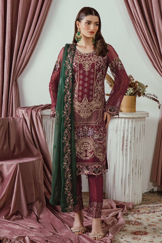 Pakistani Chiffon Suit Set with Embroidered Work Maroon F-2501