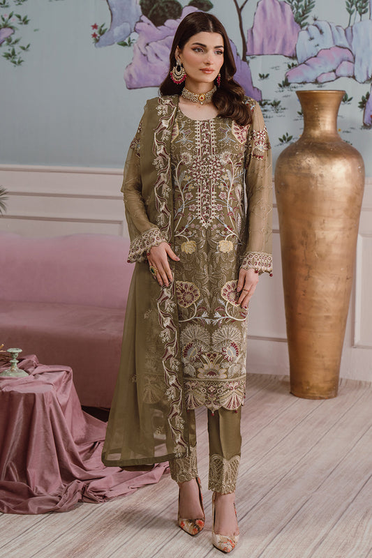 Pakistani Chiffon Suit Set with Embroidered Work Mehndi F-2510