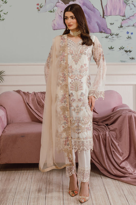 Pakistani Chiffon Suit Set with Embroidered Work White F-2508