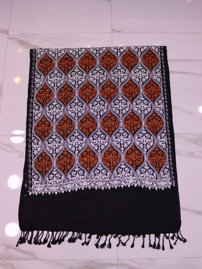 Handmade Jamwar Shawl - Black, White & Orange Z4