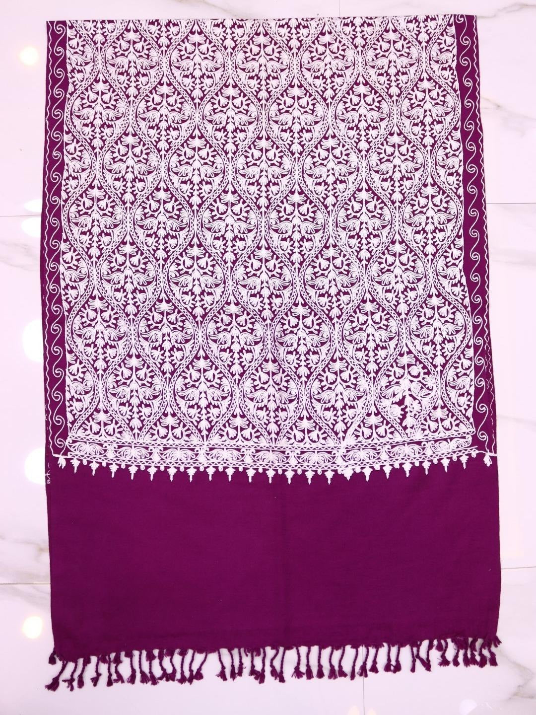 Handmade Jamwar Shawl - Dark Purple & White Z3