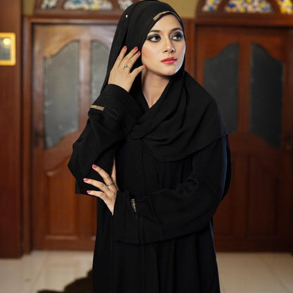 Muslim Abaya Black with Gold Lace Work Arabic Style Premium Quality